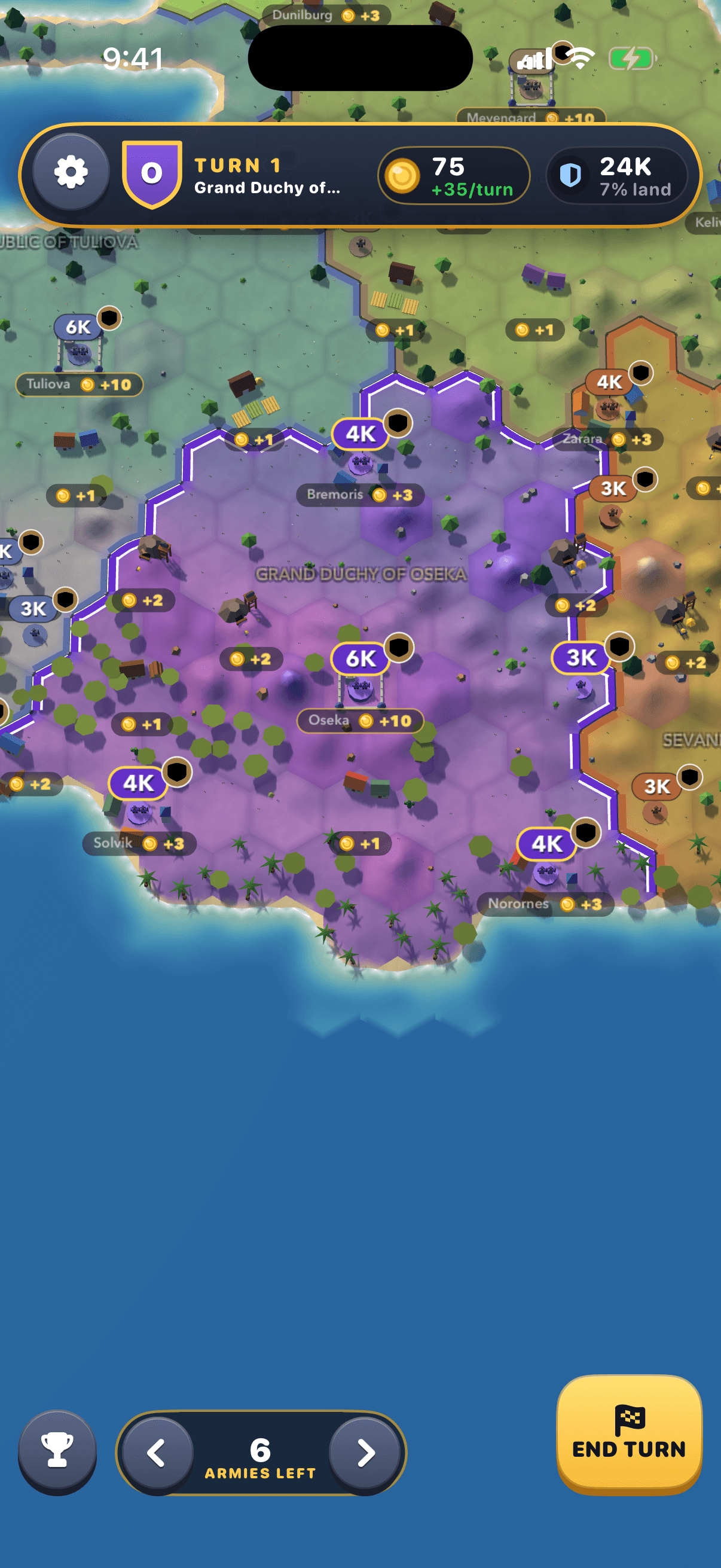 The board on turn 1: the purple Grand Duchy of Oseka with its cities, armies and coin pills