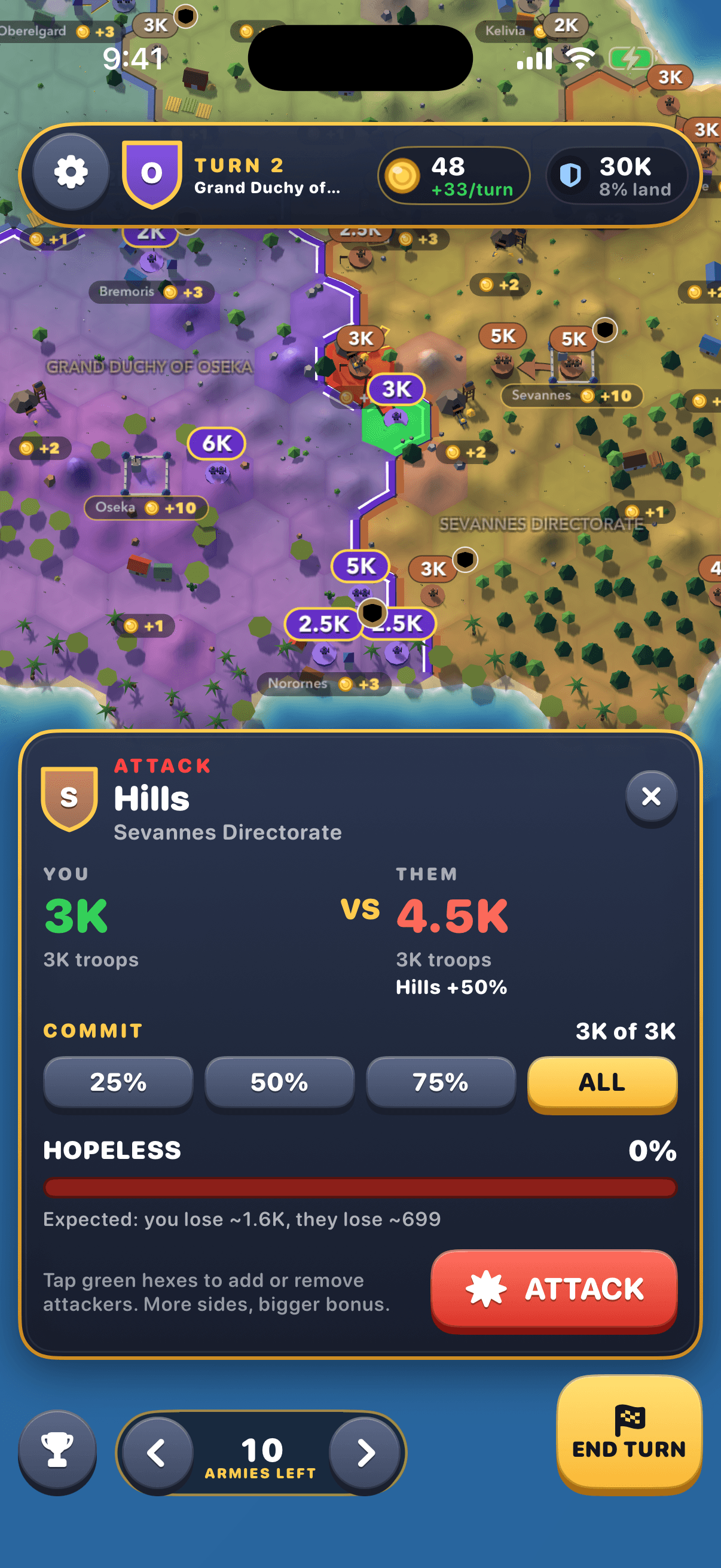 The attack panel: your 3K against 4.5K on hills, with a win chance and expected losses