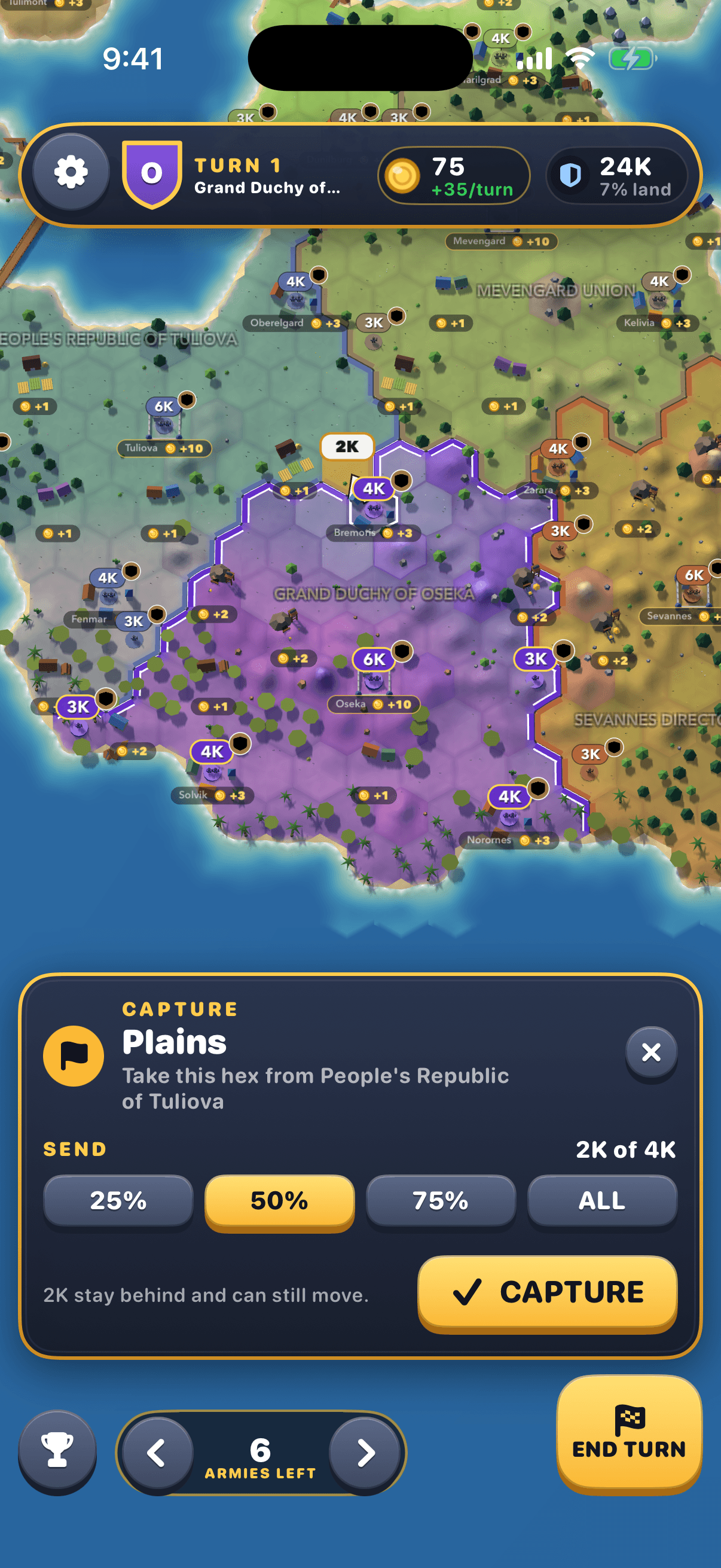 A capture order sending 2K of a 4K army into a plains hex, with 25, 50, 75% and All buttons