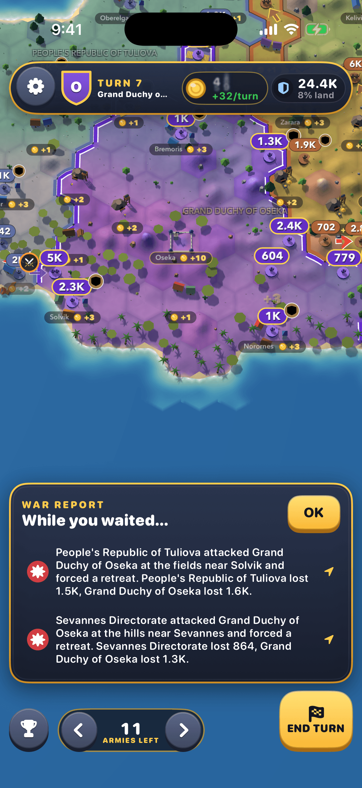 The war report after the AI turns, listing two attacks on your land