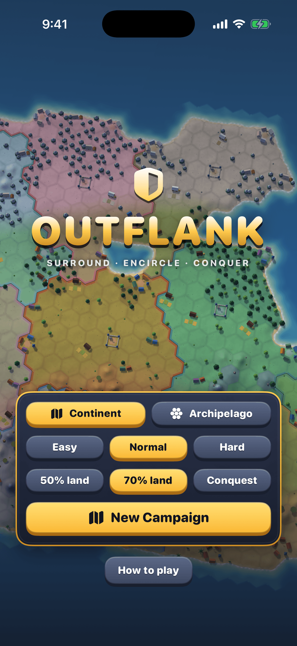 The menu: Continent or Archipelago, Easy, Normal or Hard, and 50% land, 70% land or Conquest
